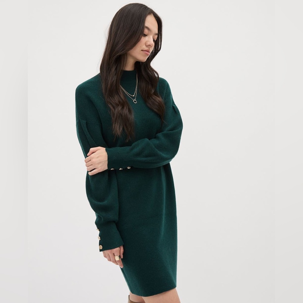 RW&Co Puffy Long Sleeve Mock Neck Mini Dress Green Medium